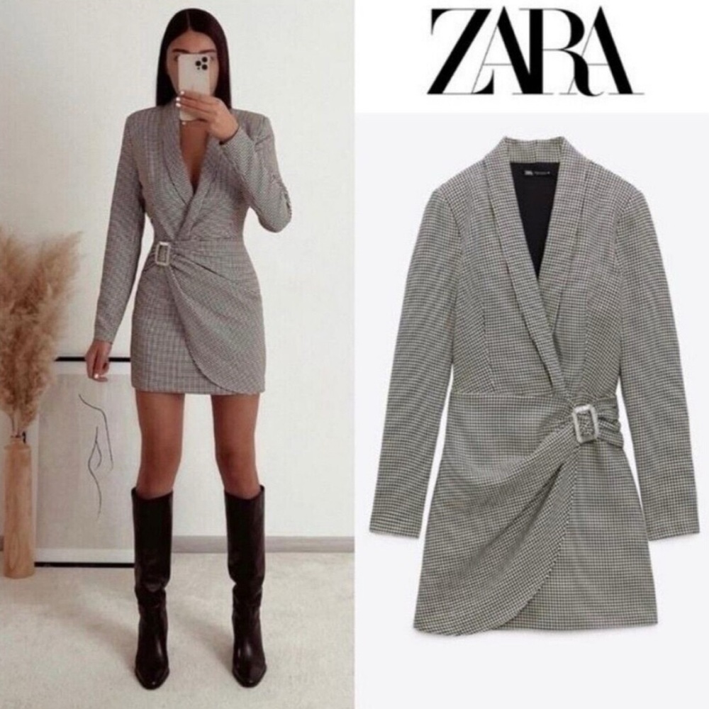 Zara Black and White Checkered Wrap Dress